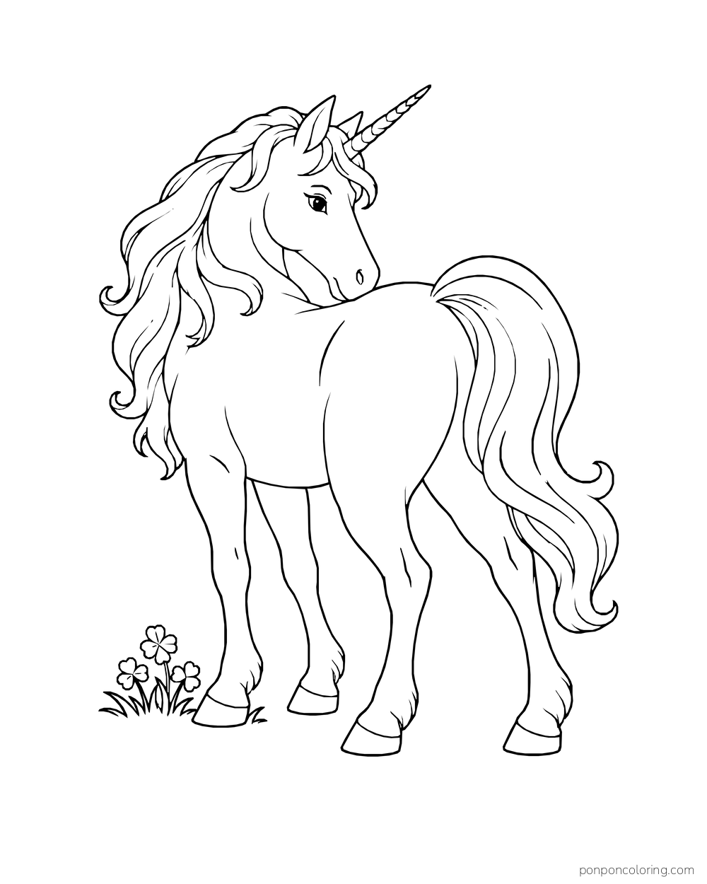 A unicorn turns its head back over one shoulder toward its long curled tail.