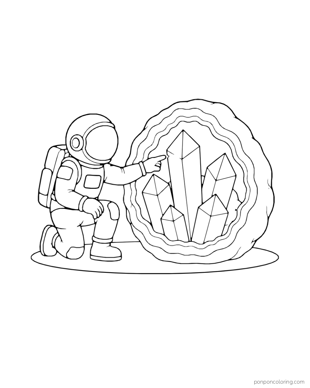 A kneeling astronaut points toward large crystals inside a hollow geode.