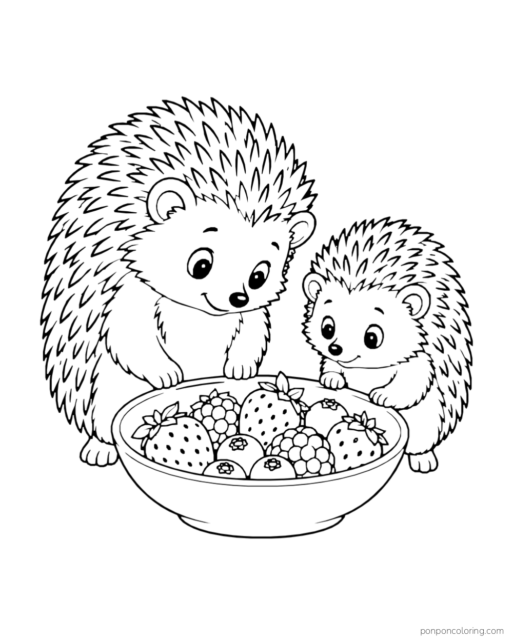 Two hedgehogs of different sizes look into a wide bowl filled with berries.