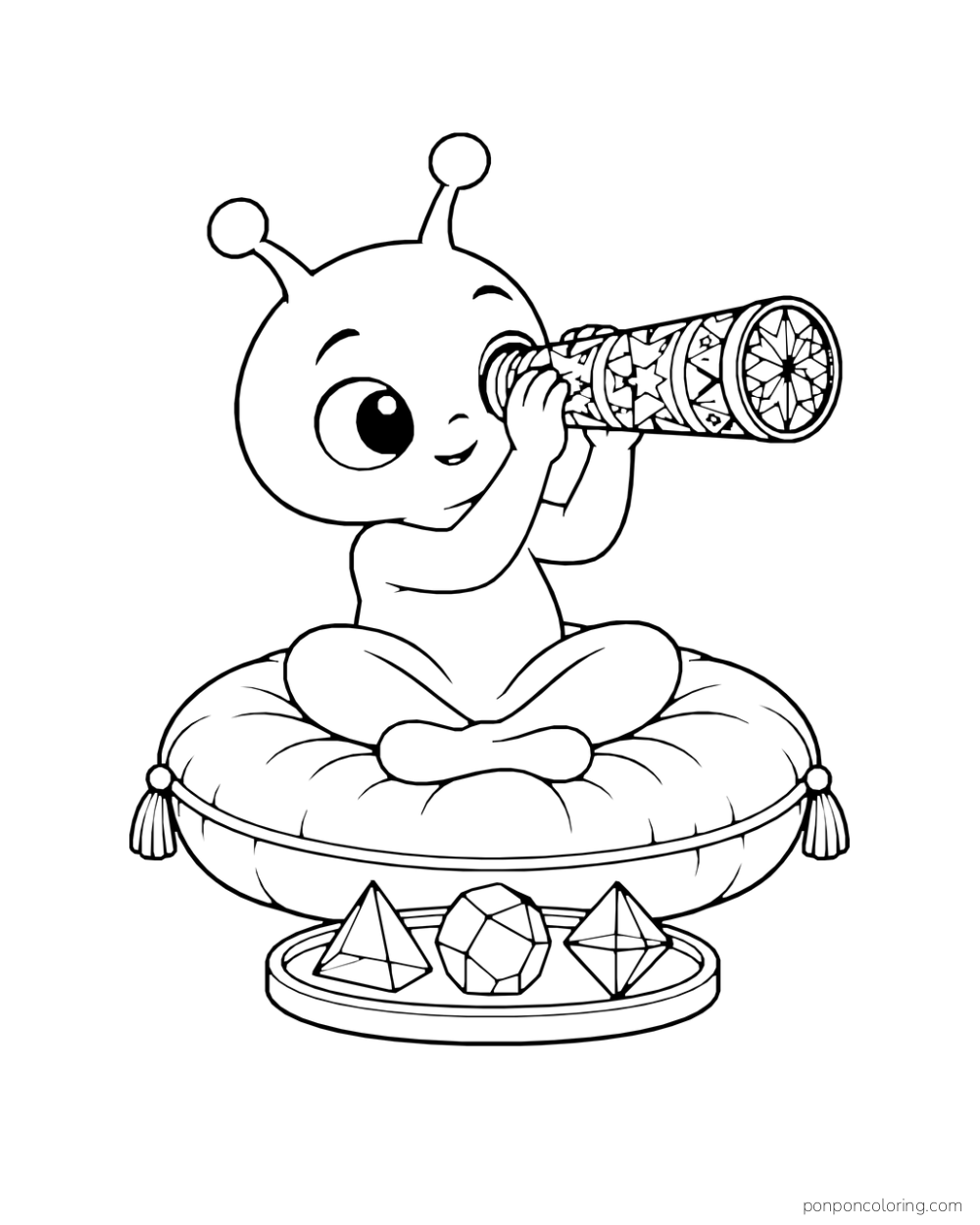 An alien sits on a cushion and looks through a kaleidoscope beside a tray of crystals.