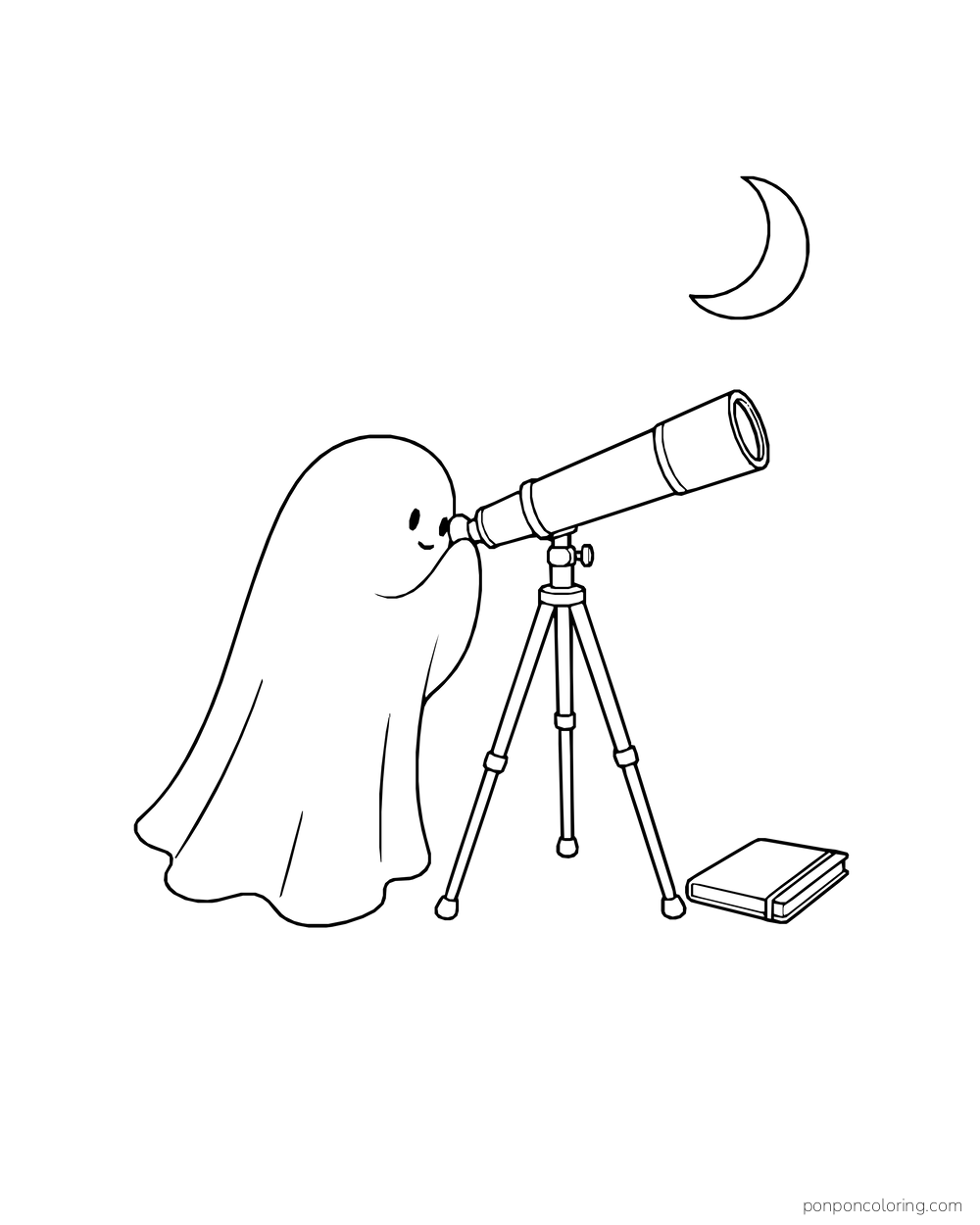 A ghost looks through a telescope on a tripod beneath a crescent moon.