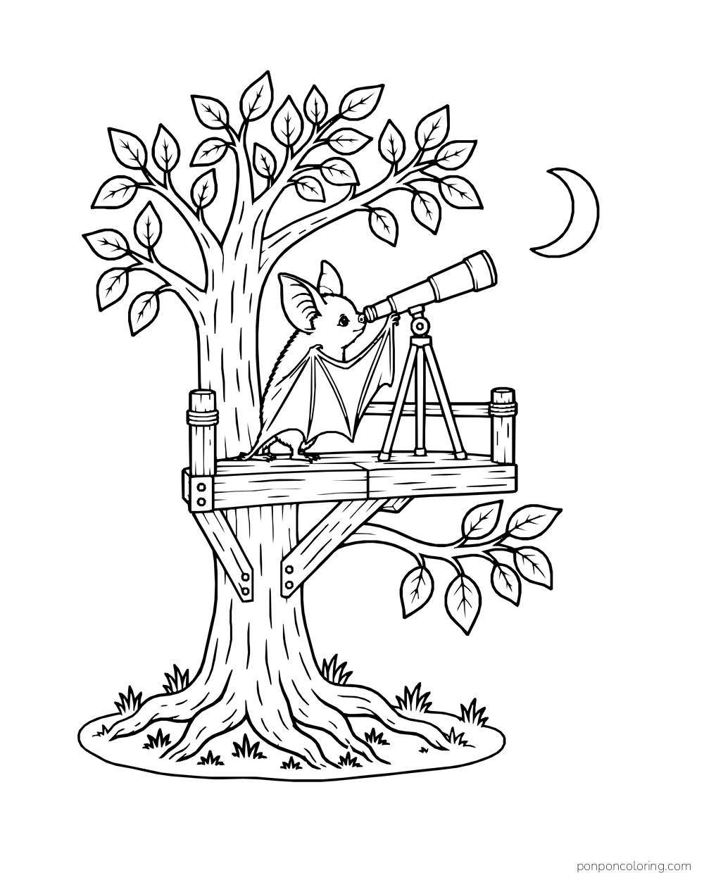 A bat looks through a telescope on a wooden tree platform beneath a crescent moon.
