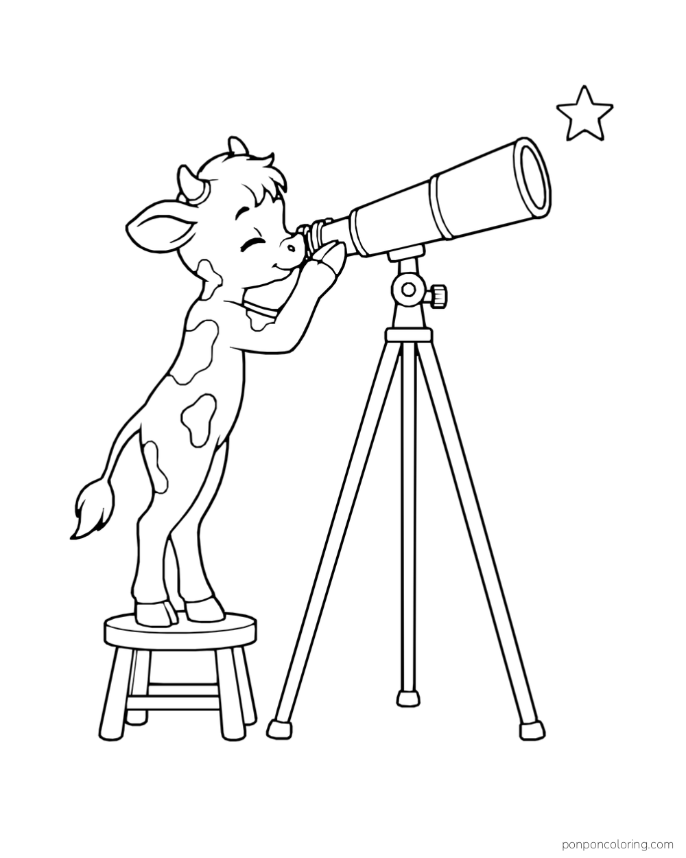 A calf stands on a stool to look through a telescope toward a star.