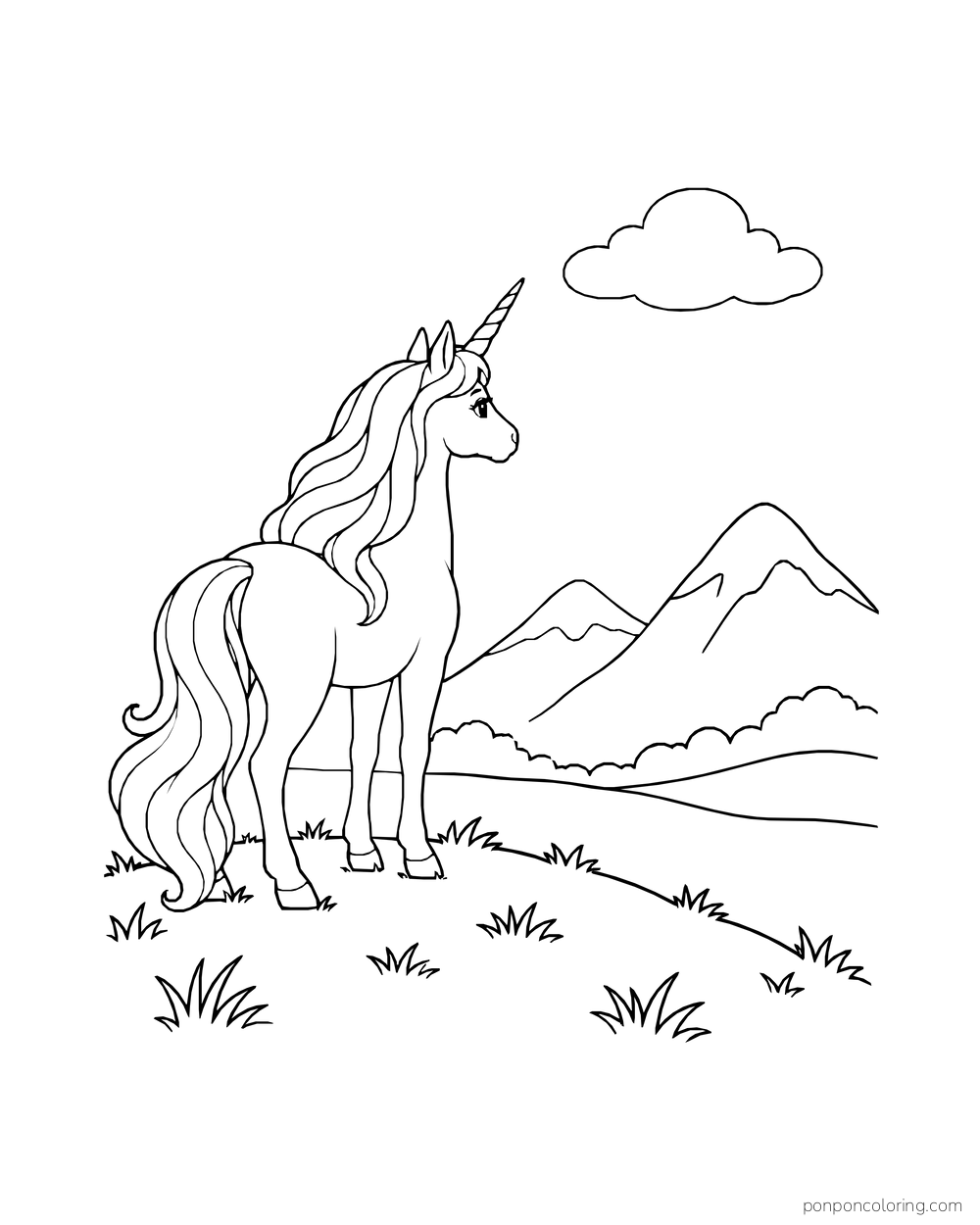 A unicorn looks over a quiet mountain landscape beneath one cloud.