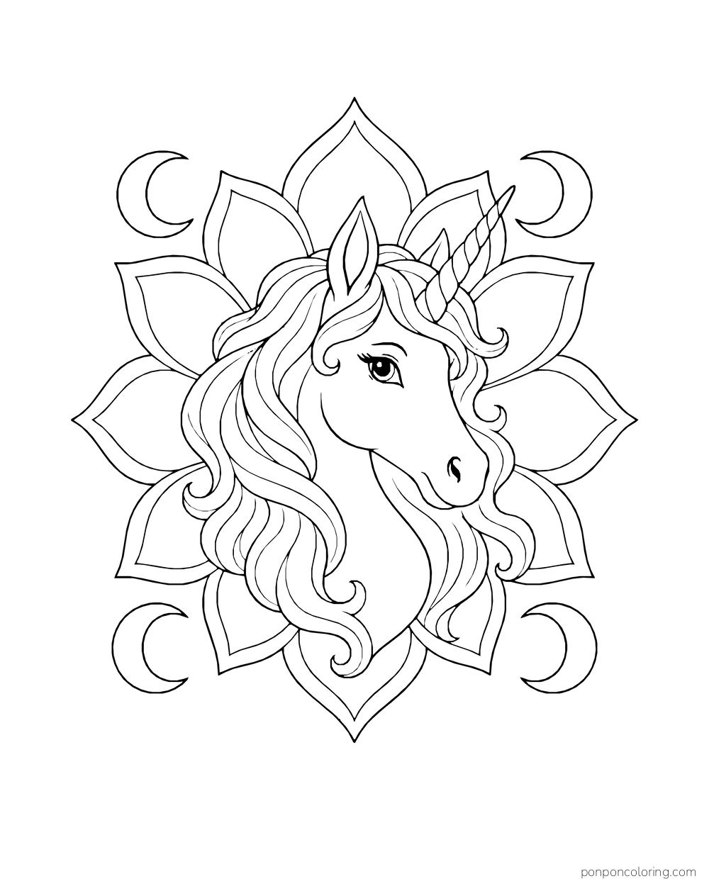 A unicorn head fills a layered lotus rosette with crescent moons at the sides.