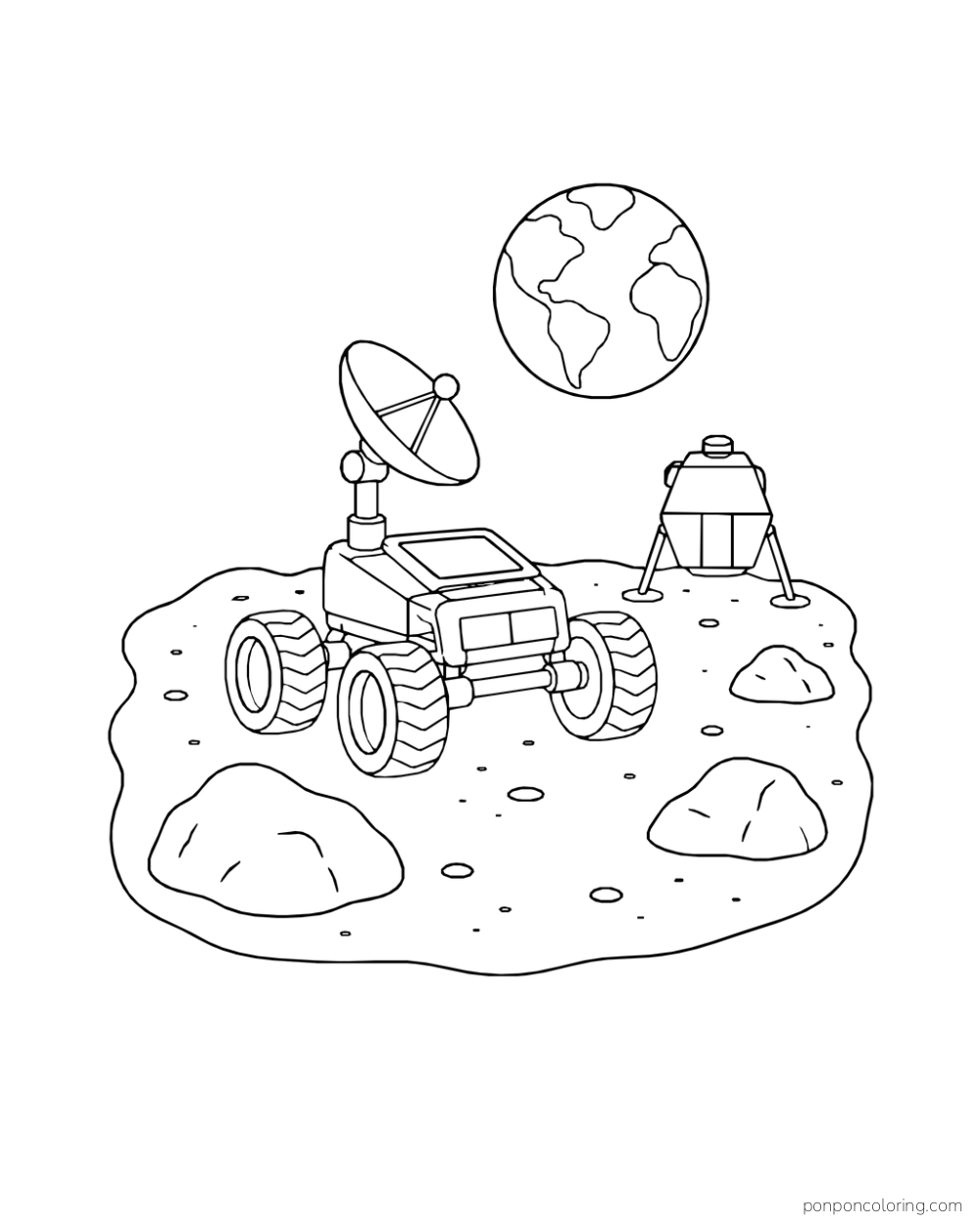 A lunar rover with a dish antenna beside a small lander and three rocks on a closed patch of ground, with Earth above.