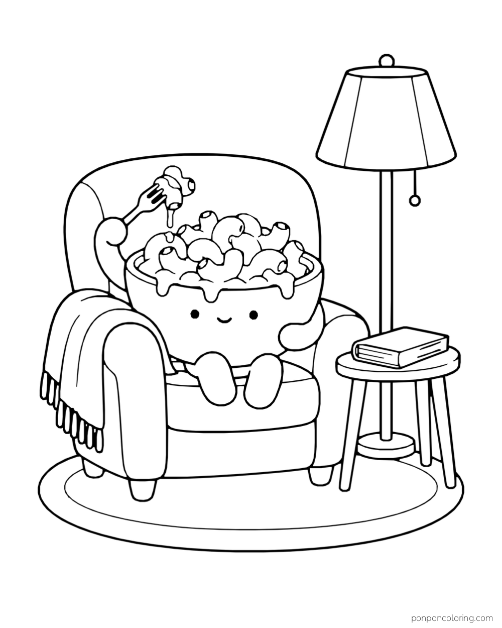 A smiling bowl of macaroni holds a fork while sitting in an armchair beside a lamp and a book on a stool.