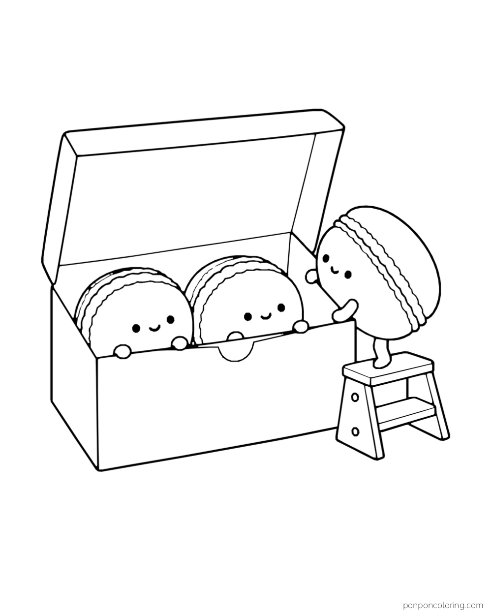 Two macarons sit in an open box while another climbs in from a stool.