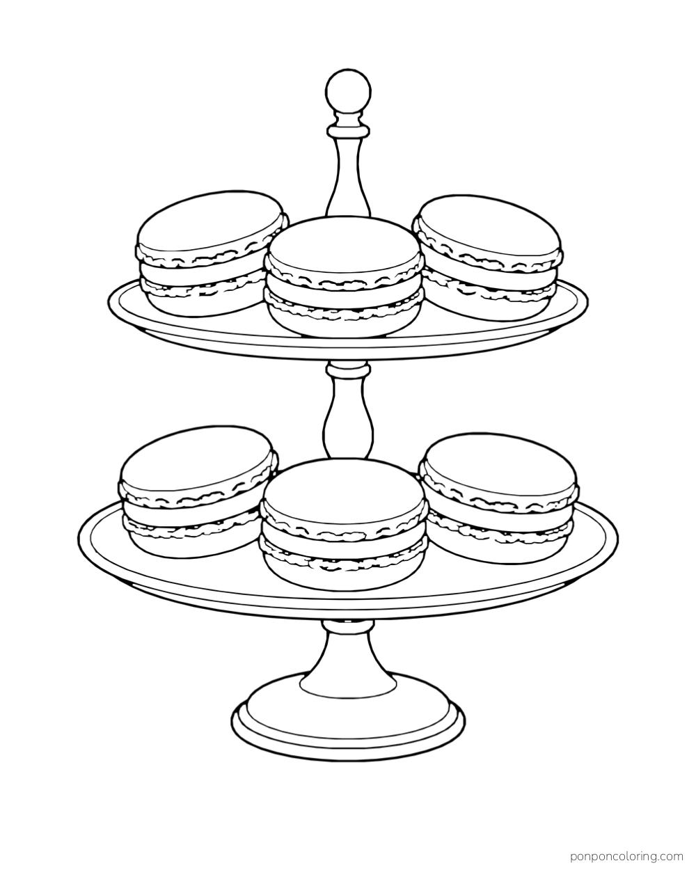 Six round macarons with filling sit on the two tiers of a dessert stand.