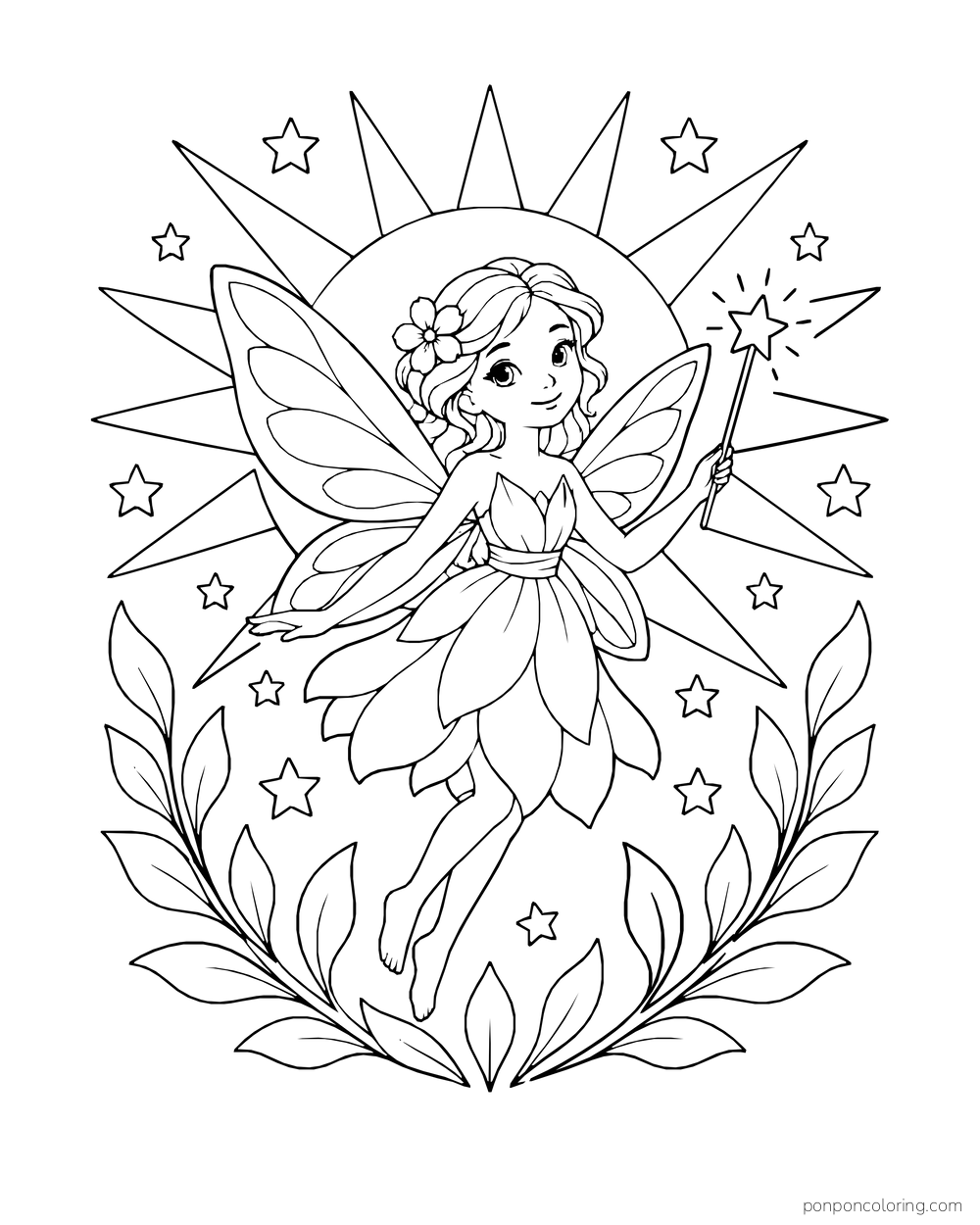 Fairy with a wand in front of pointed sun rays, stars, and leaves.