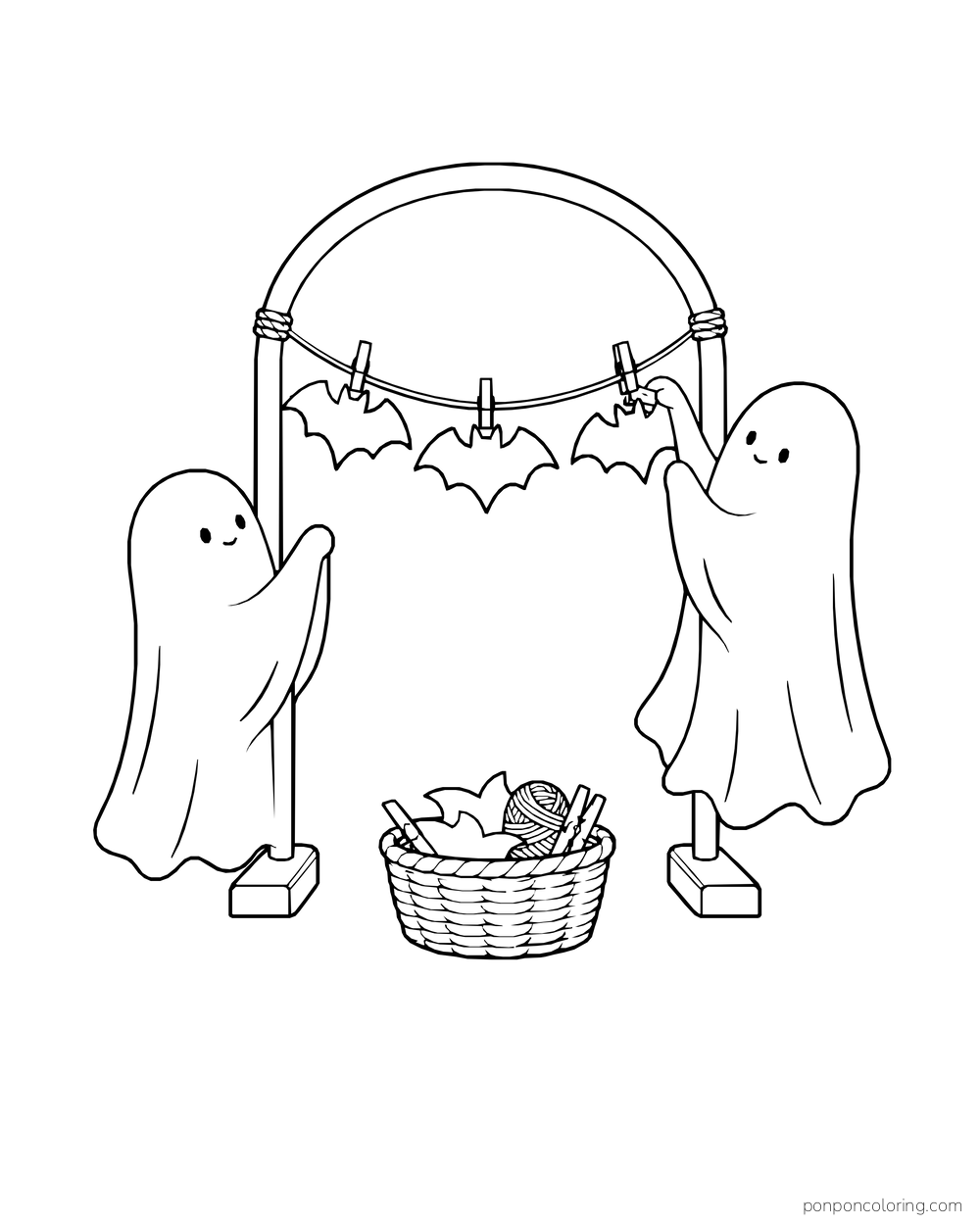 Two ghosts hang paper bats from a curved stand above a basket.