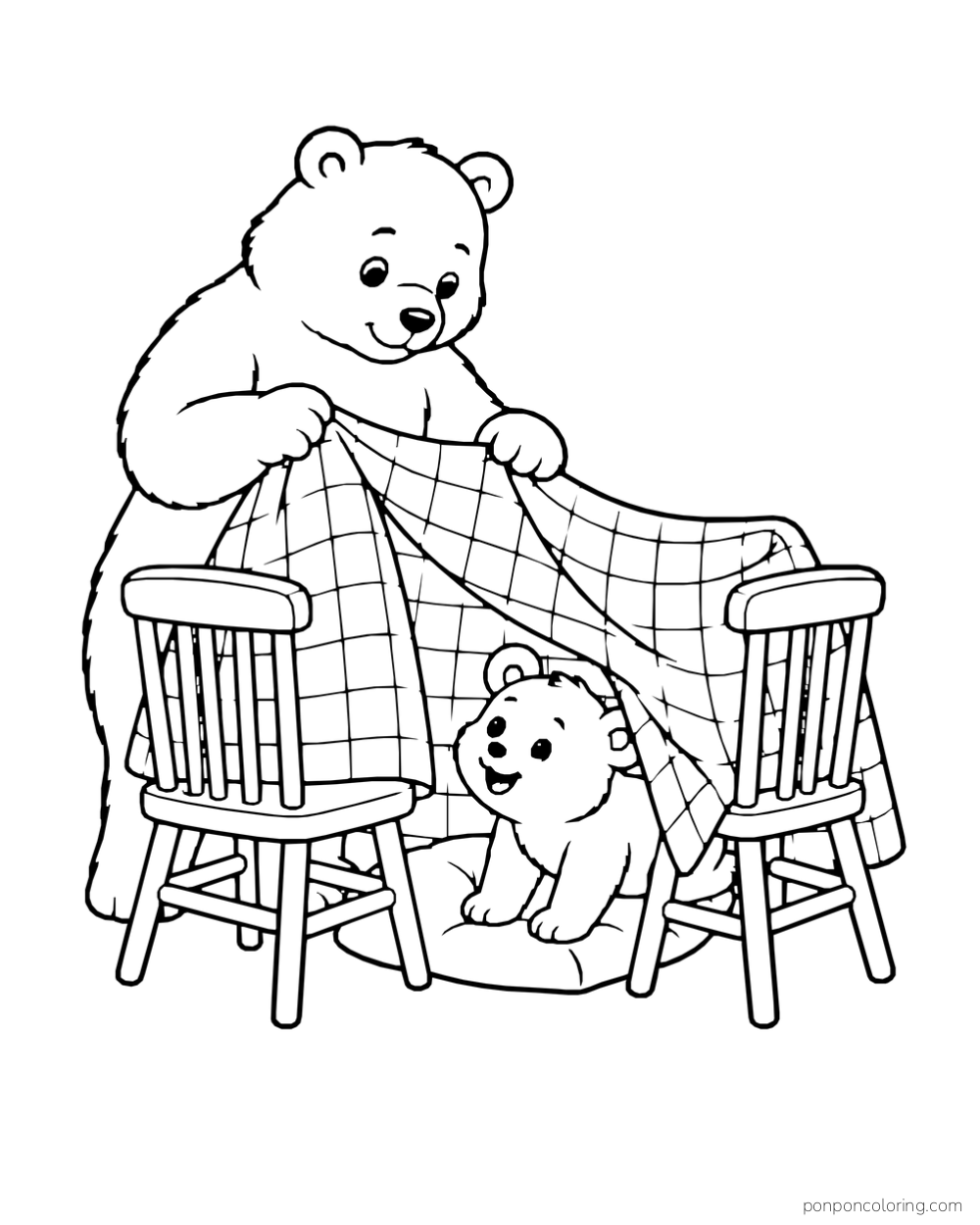 A bear stretches a checked blanket between two chairs while a smaller bear peeks underneath.