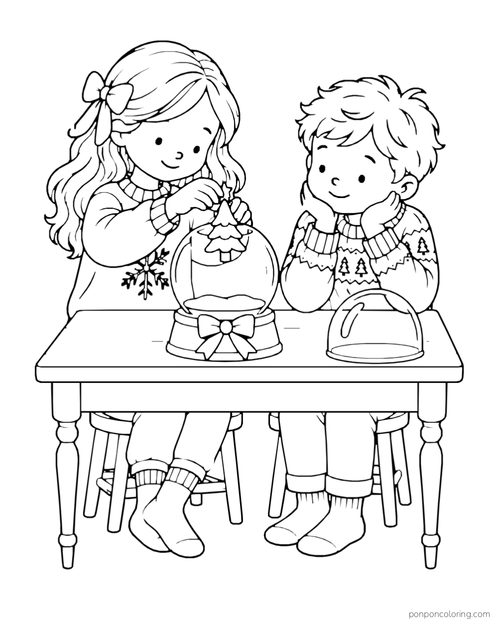 Two children assemble a snow globe with a small Christmas tree at a table.