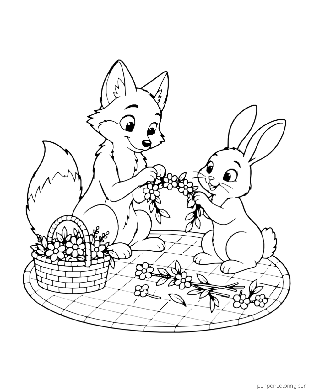 A fox and rabbit make a flower crown on an oval picnic blanket beside a basket of blossoms.