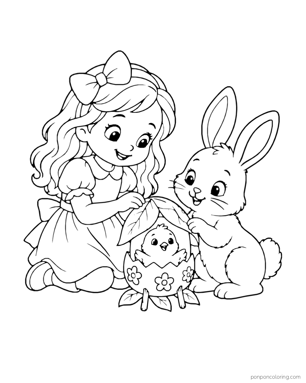 A girl and rabbit hold a leaf roof over a chick inside a flower-patterned eggshell house.