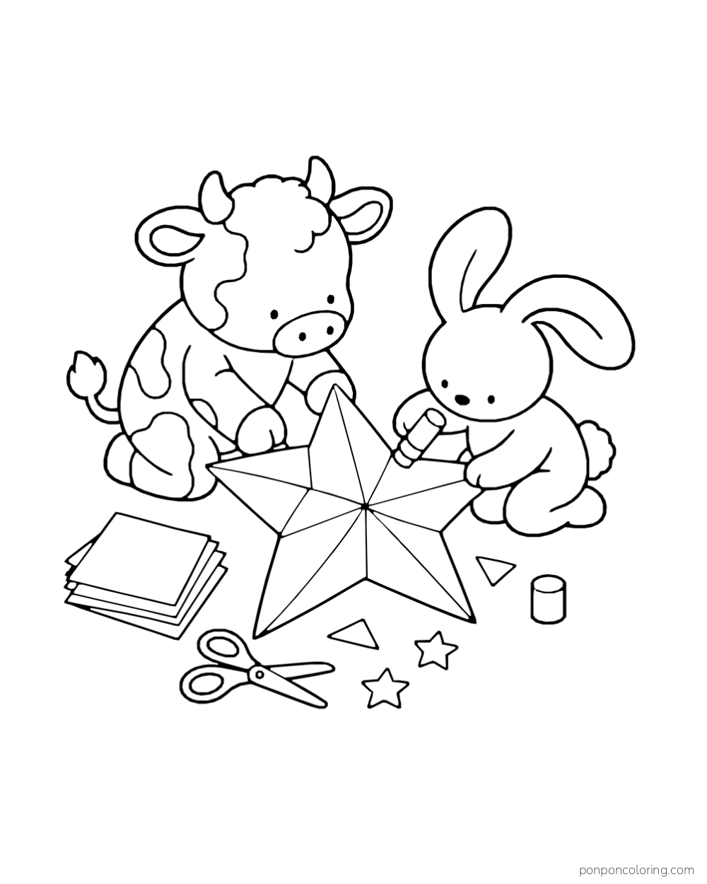A calf and rabbit work on a large paper star beside scissors, paper and glue.