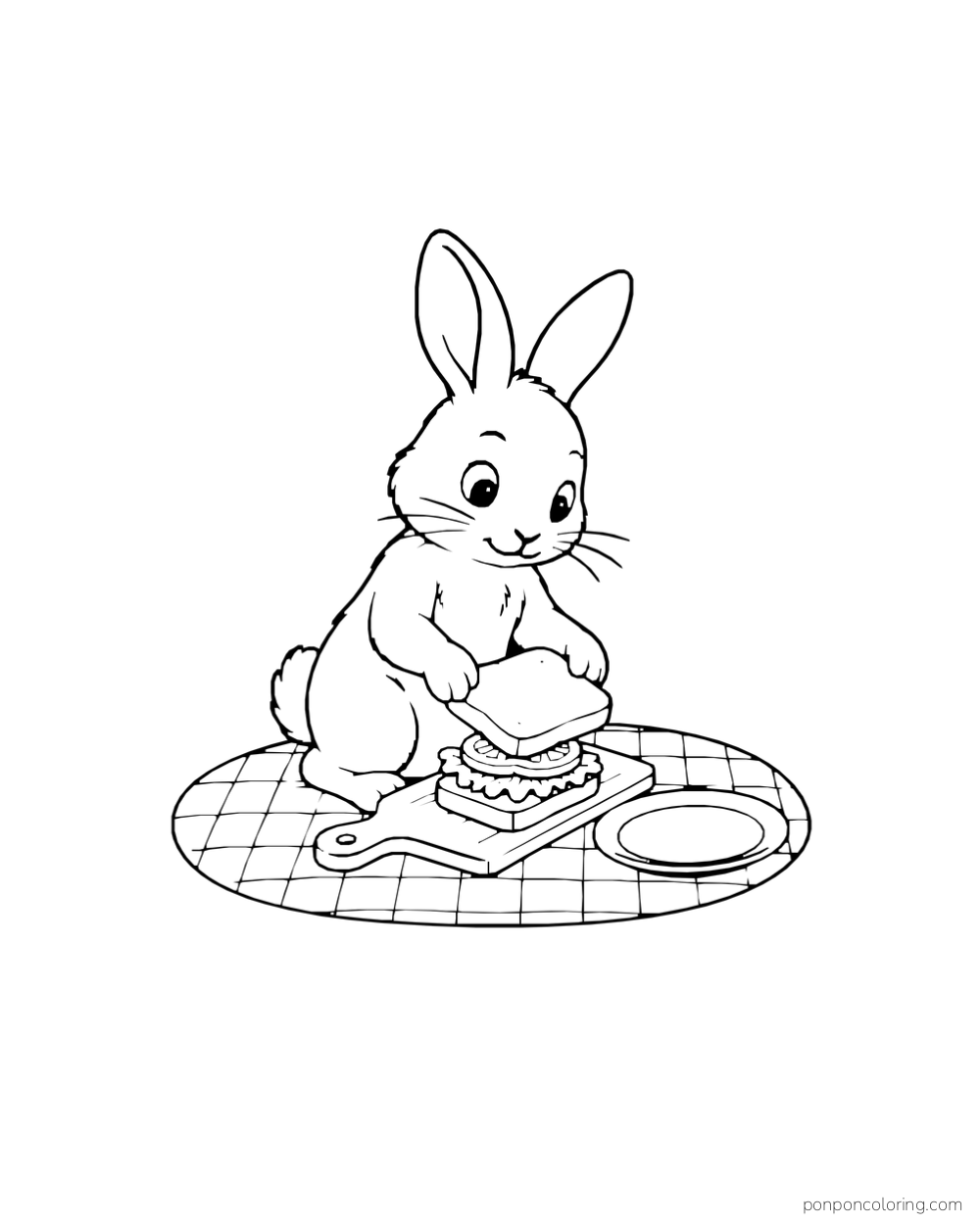 A rabbit stacks a sandwich on a checked picnic cloth beside a plate.