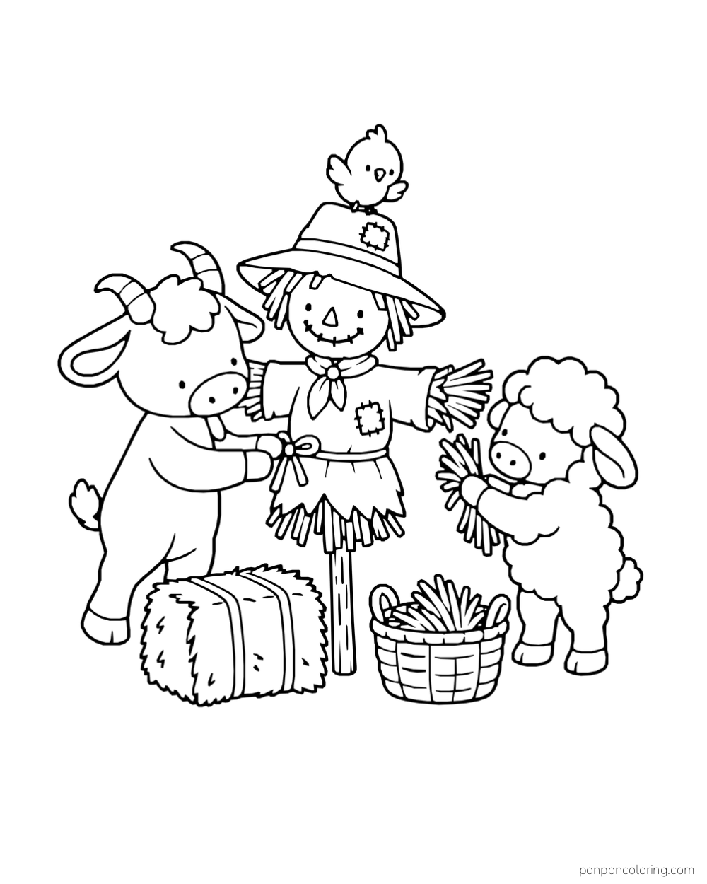 A goat and sheep assemble a scarecrow while a chick perches on its hat.