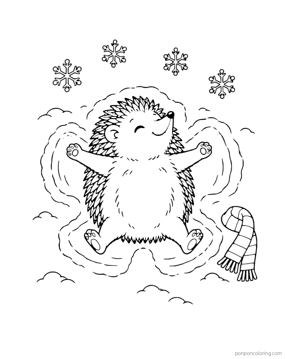 A hedgehog lies on its back in a snow angel shape beneath four snowflakes, with a scarf nearby.