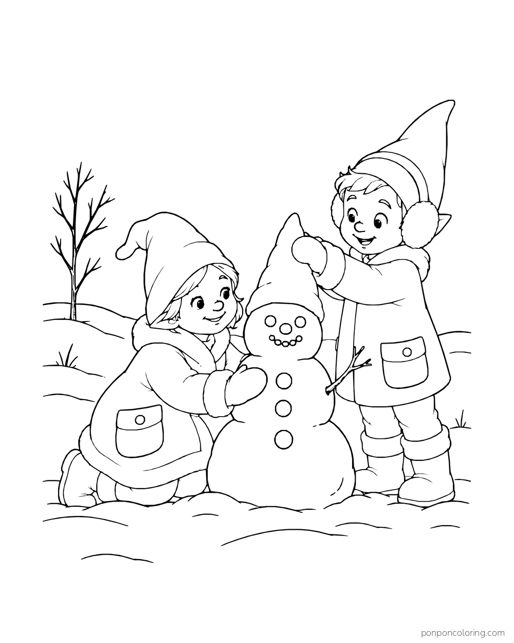 Two gnomes building a little snow figure with a pointed hat and round buttons.
