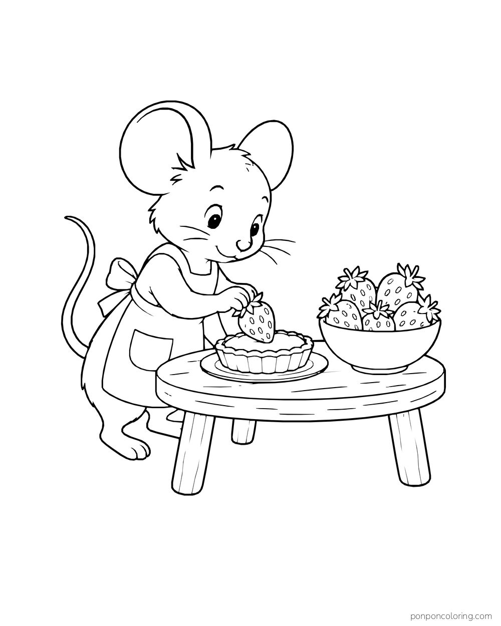 A mouse in an apron places a strawberry on a small tart shell at a low table beside a bowl of berries.