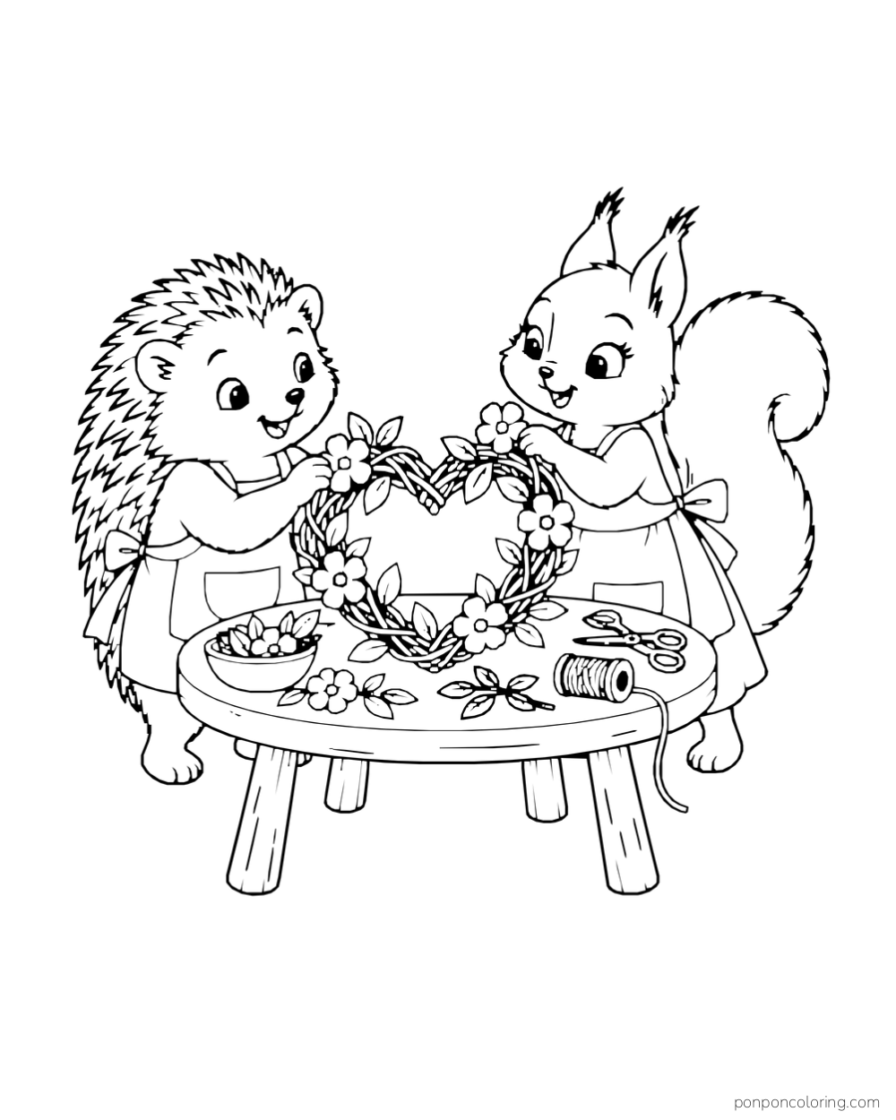 A hedgehog and squirrel decorate a flower wreath at a table with ribbon, leaves, and scissors.