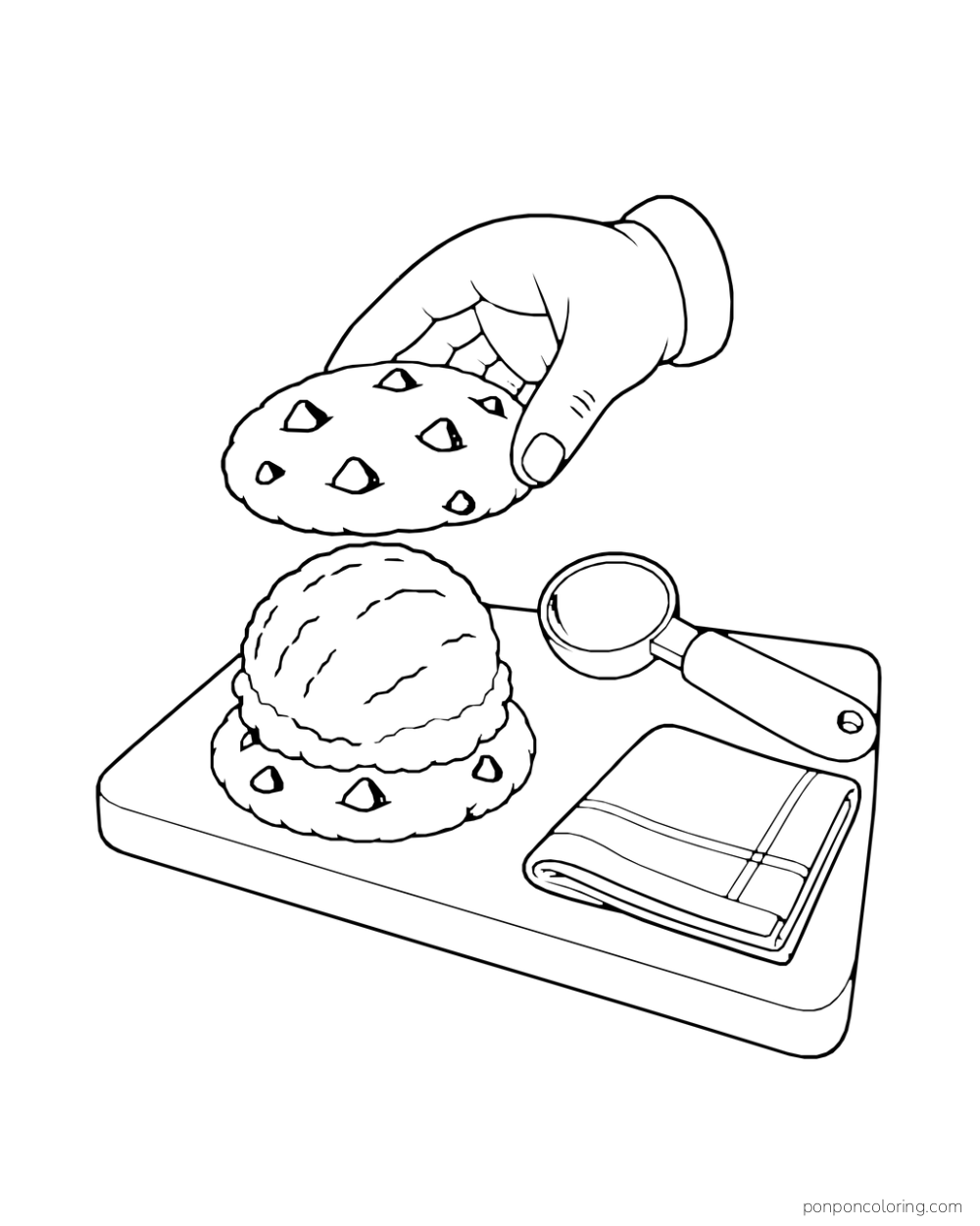 A hand lowers a top cookie onto an ice cream sandwich on a board beside a scoop tool.