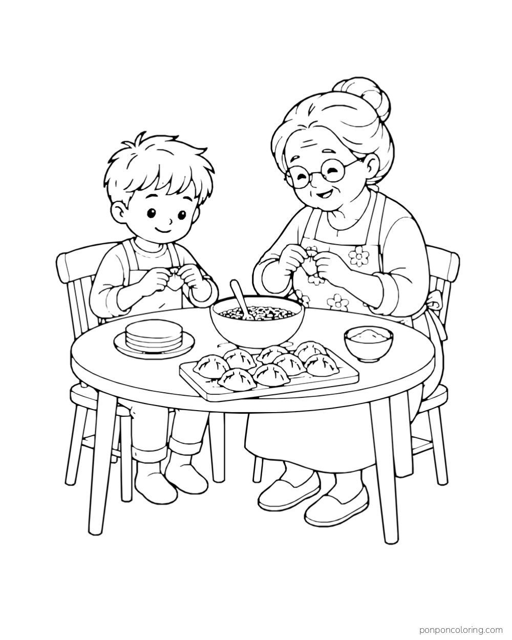 A boy and his grandmother fold dumplings at a round table with a bowl of filling and a tray of finished dumplings.