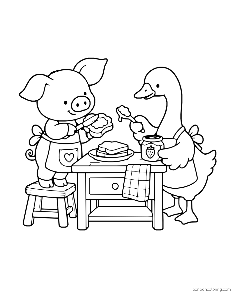 A pig spreads jam on bread while a goose holds a spoon and jam jar.