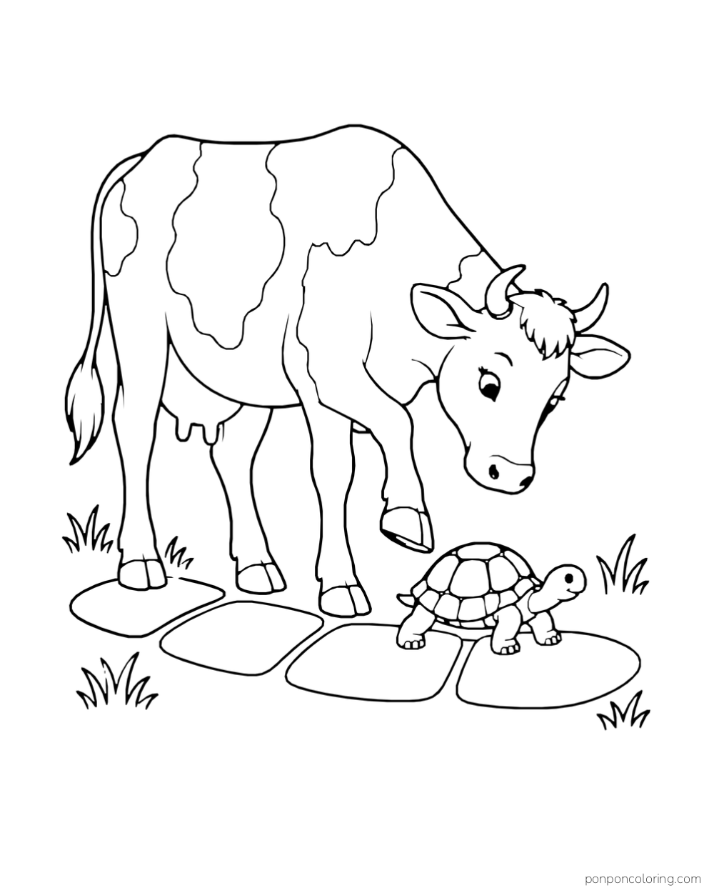 A cow lifts a forehoof beside a tortoise crossing large path stones.