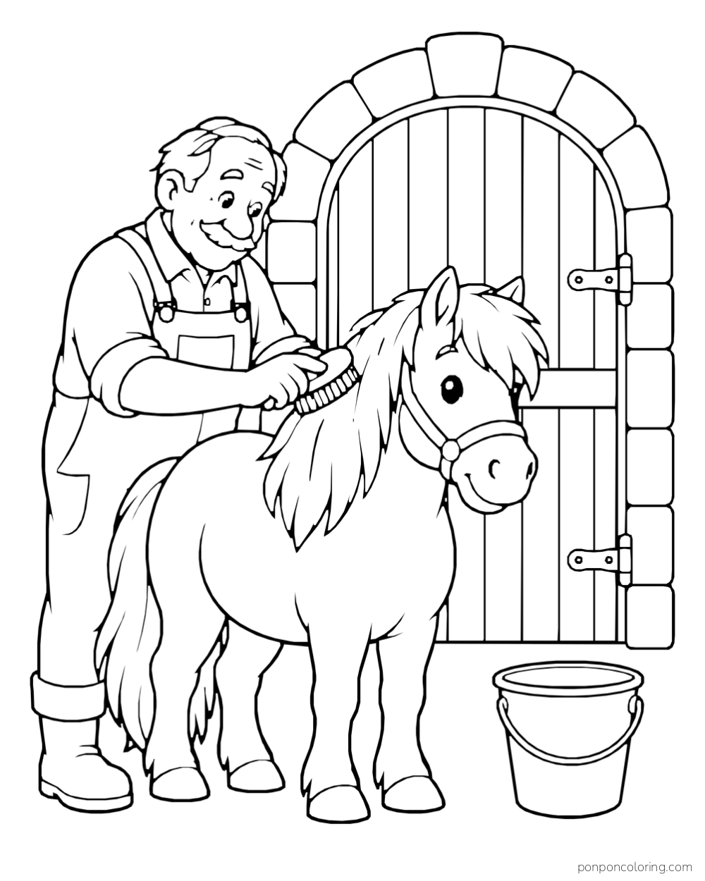 A man brushing a pony beside an arched stable door, with a bucket on the ground.