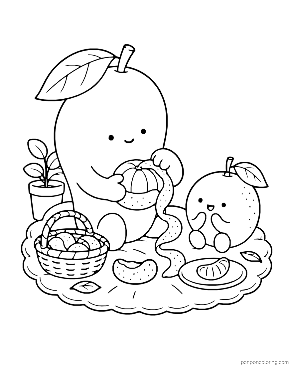 A mango peels an orange while a smaller orange watches beside a fruit basket.