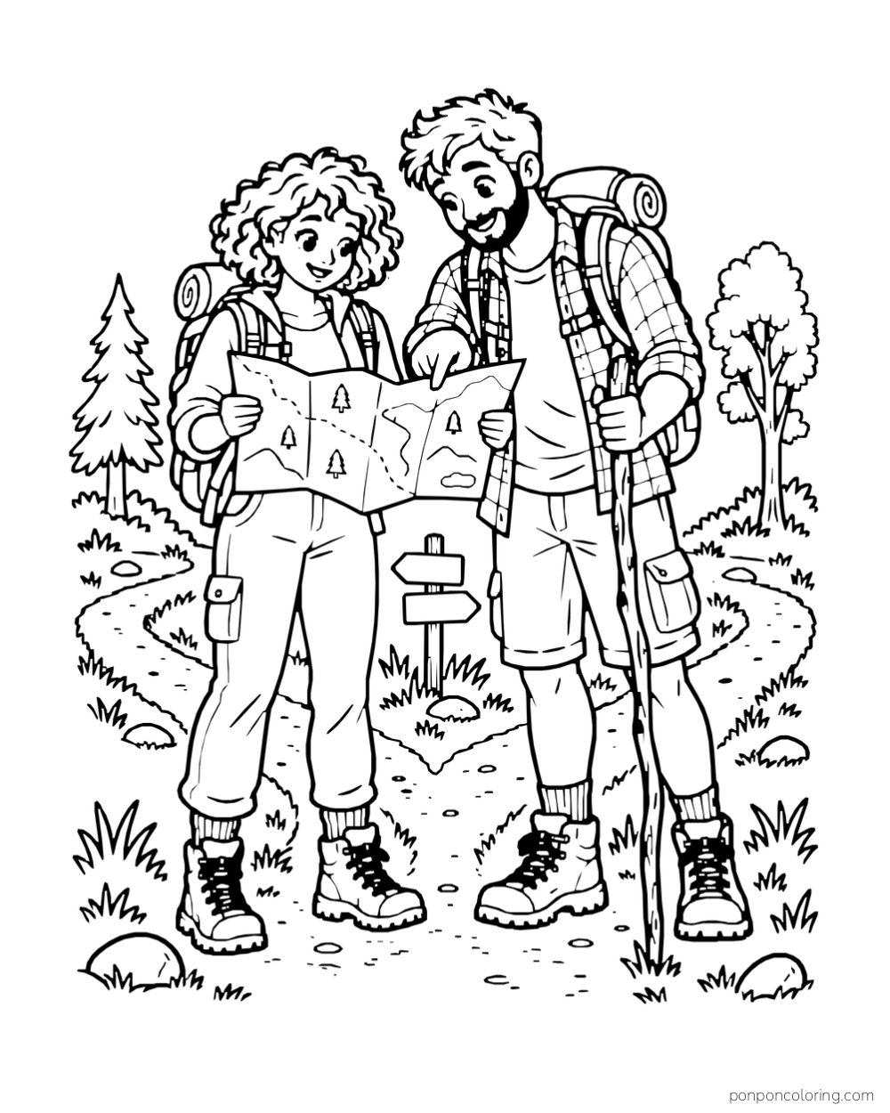 Two hikers compare an open map where a path divides.