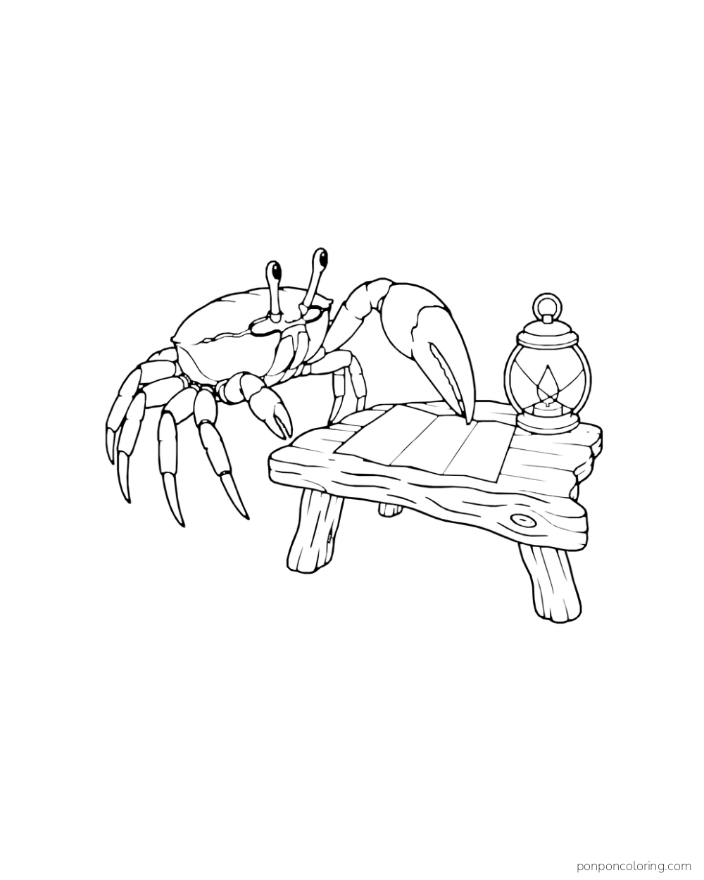 A crab points toward a blank folded map on a wooden bench beside a lantern.