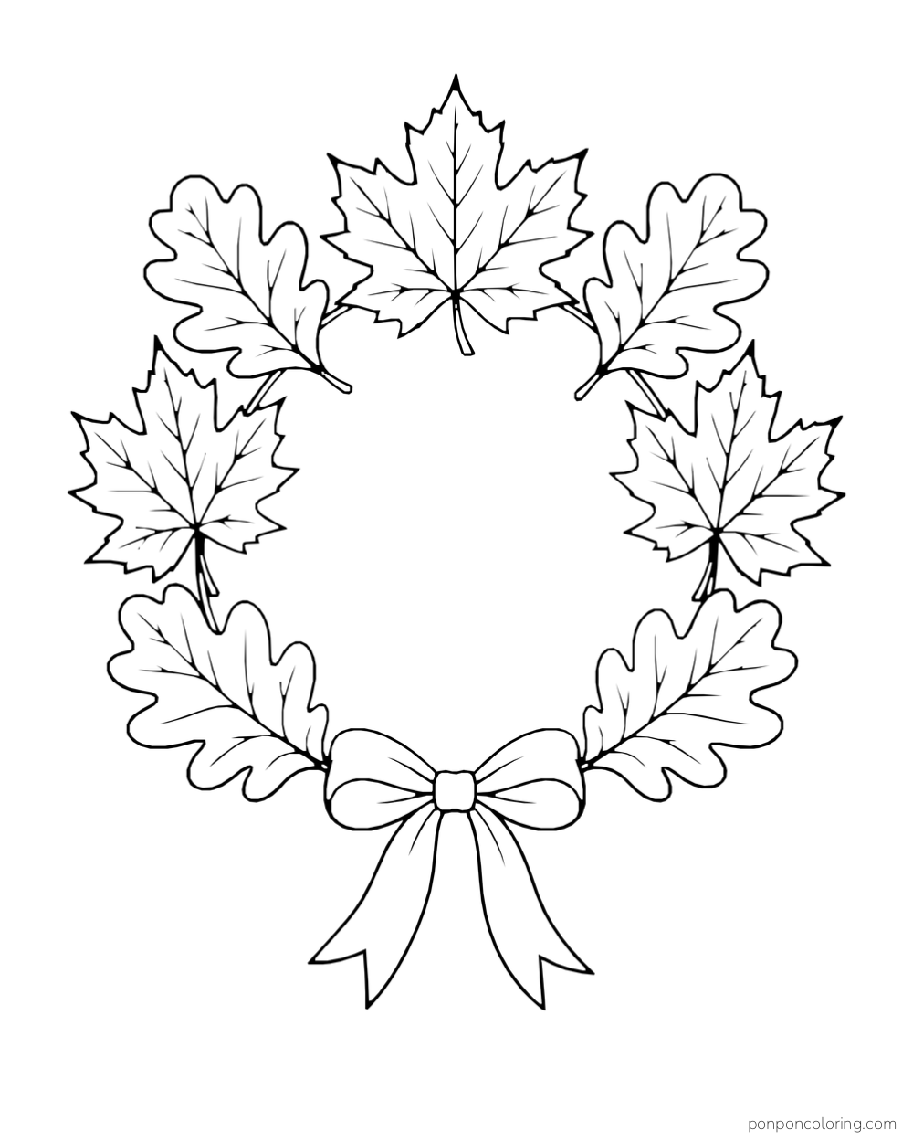 Pointed maple and rounded oak leaves form an open wreath tied with a bow.