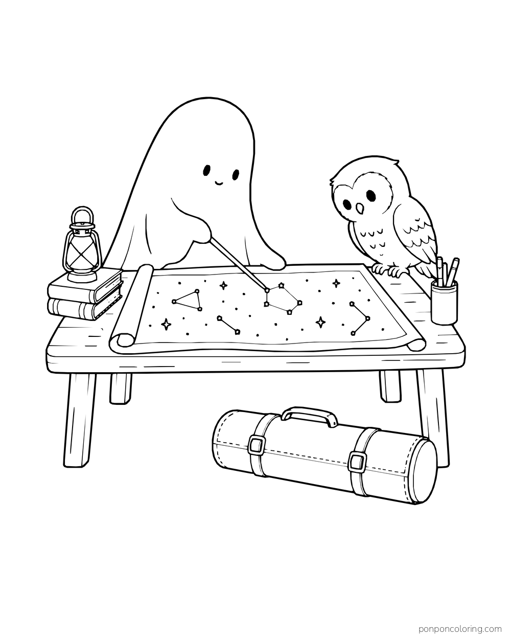 A ghost points to a star chart on a table while an owl watches.