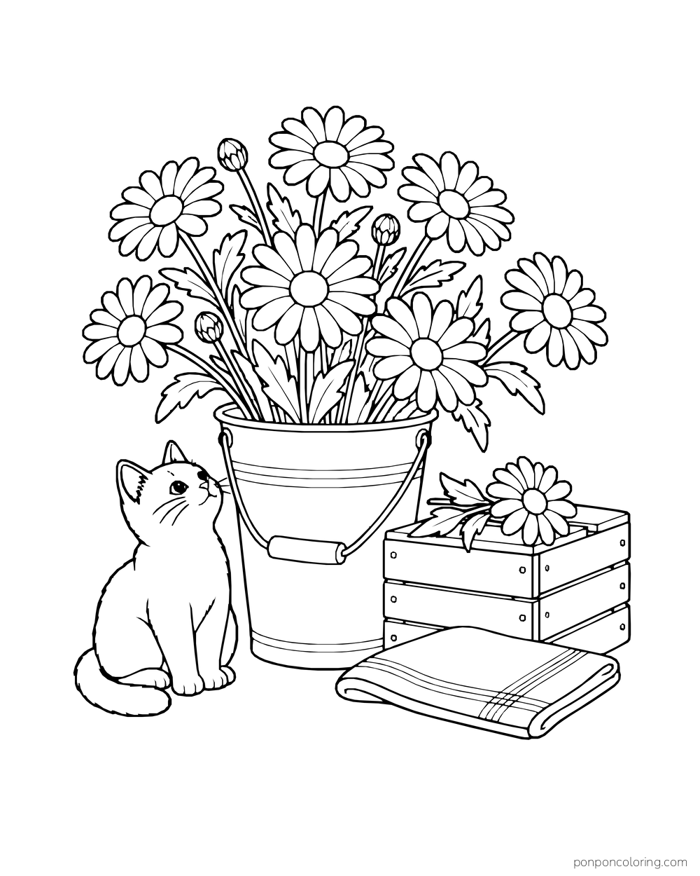 A bucket of daisies stands beside a low market crate while a kitten looks up.