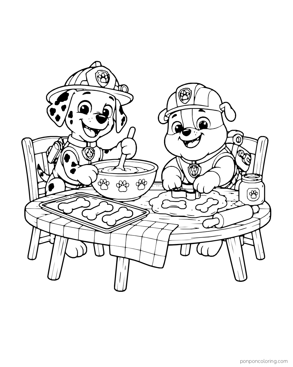Marshall and Rubble make bone-shaped treats at a table with a mixing bowl and baking tray.