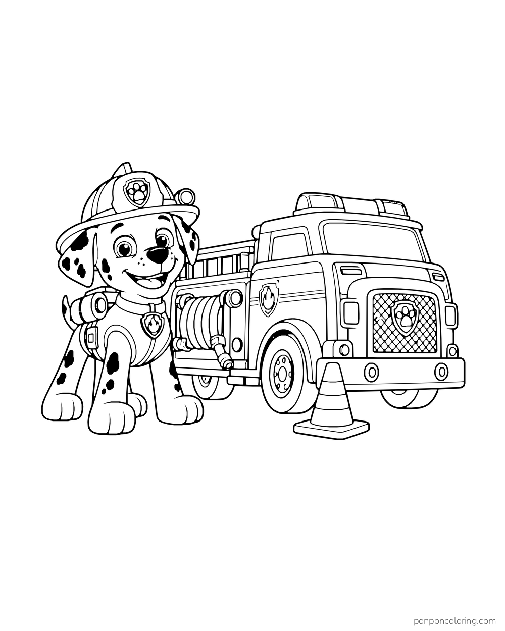 Marshall sits beside a fire truck with a coiled hose and a traffic cone.