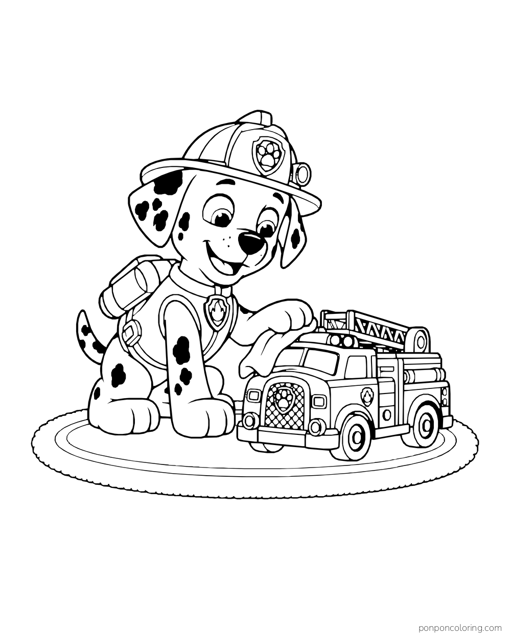 Marshall wipes a toy fire truck with a cloth while sitting on an oval rug.