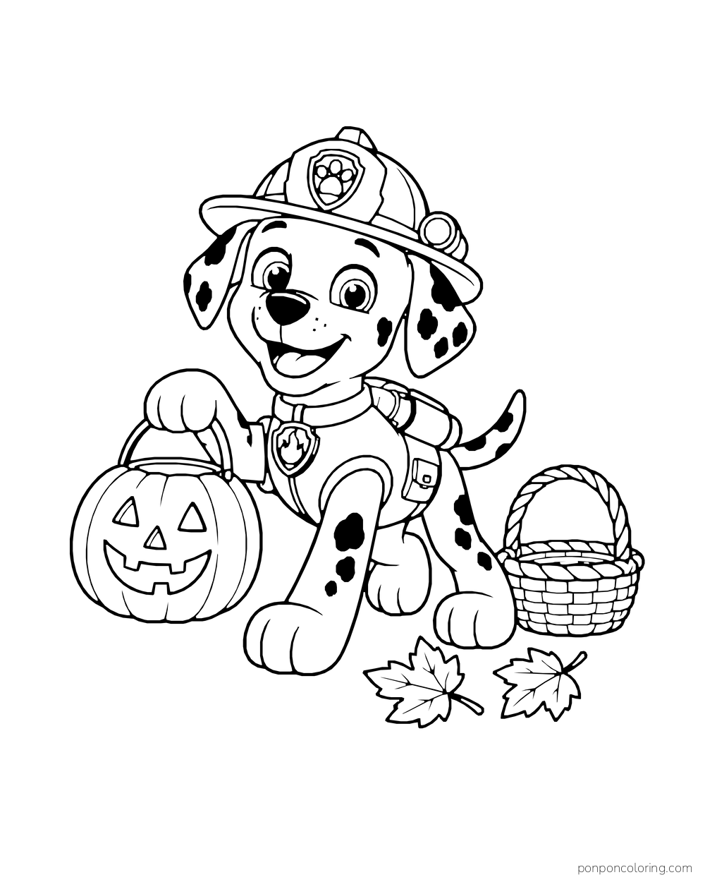 Marshall sits beside a pumpkin lantern, a basket and maple leaves.