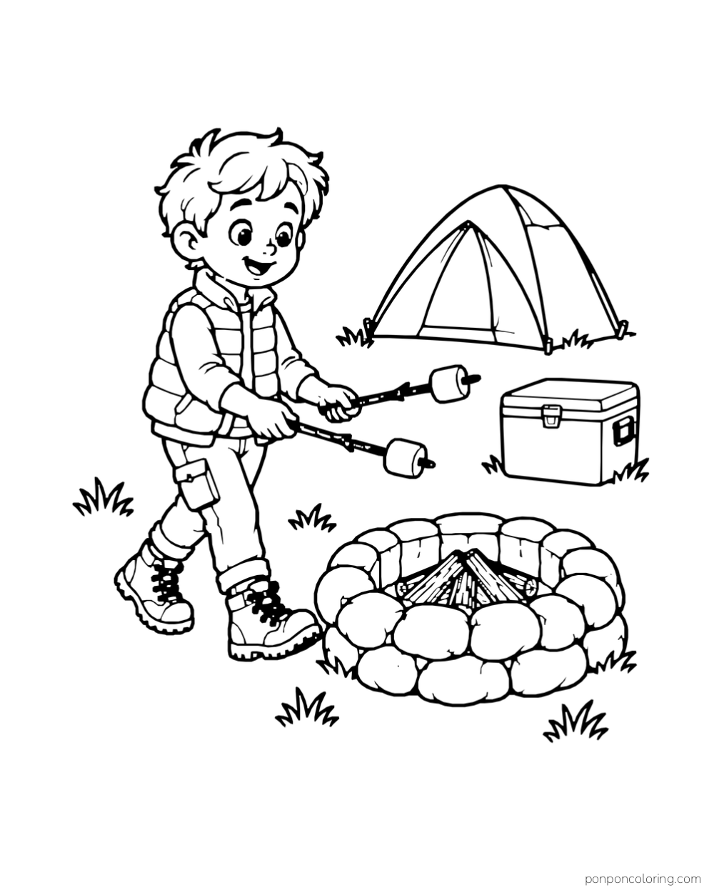 A child carries two marshmallow sticks toward an unlit fire pit.