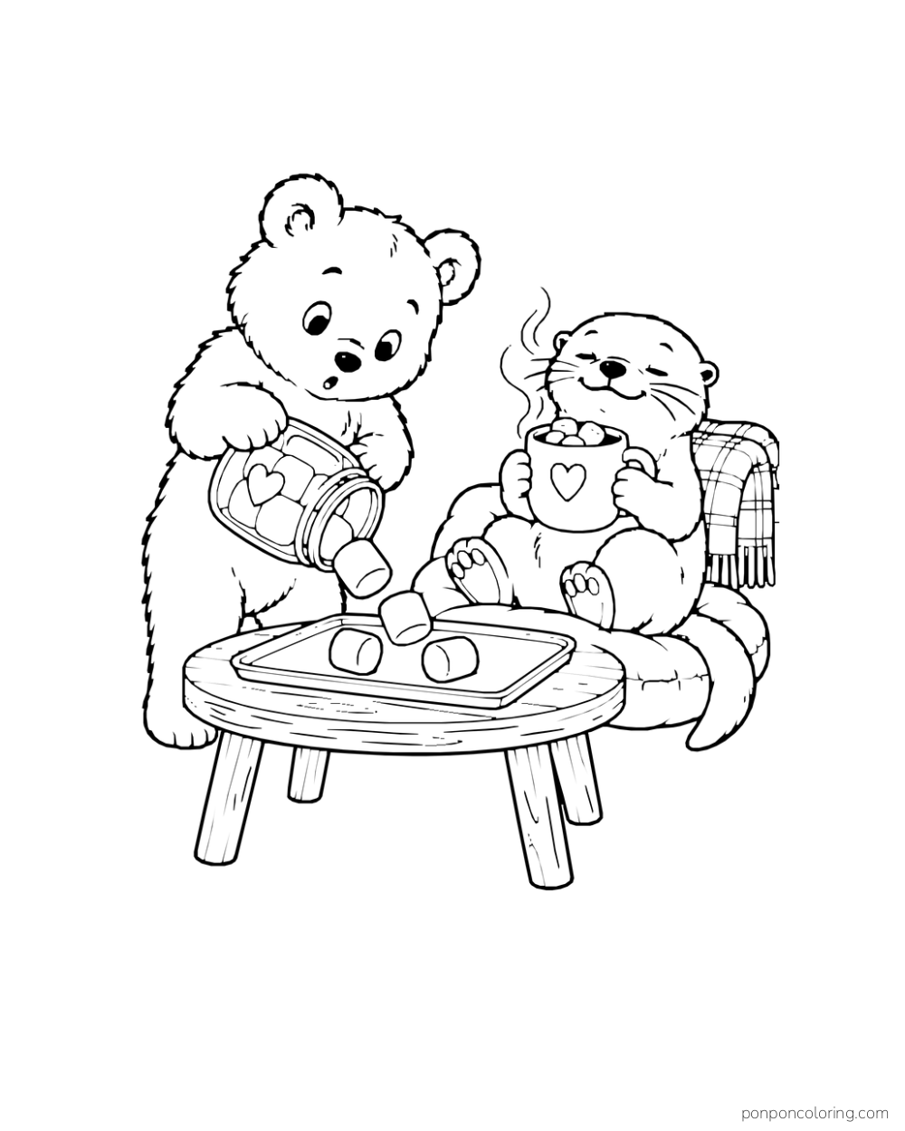 A bear cub tips marshmallows from a jar toward a tray as an otter holds a cocoa mug.