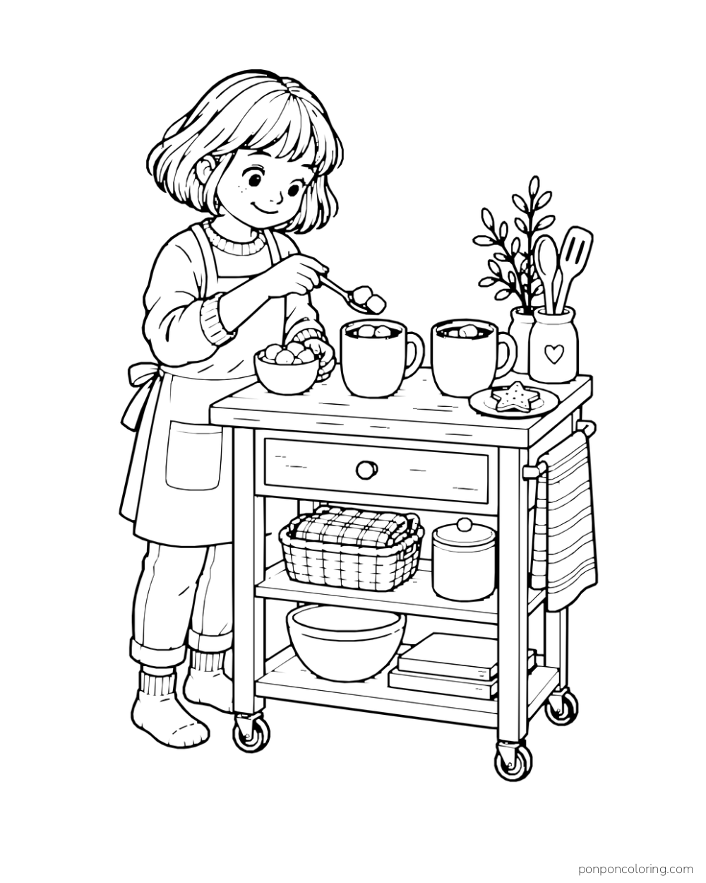 A child adds marshmallows to two cocoa mugs on a small kitchen cart.