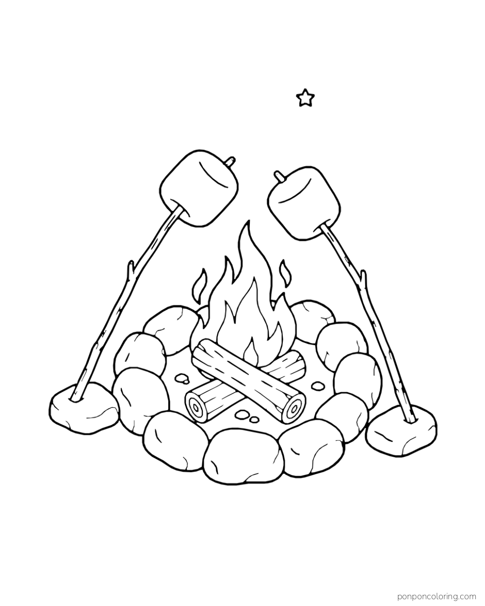 Two large marshmallows on sticks hover over a small stone-ringed fire.