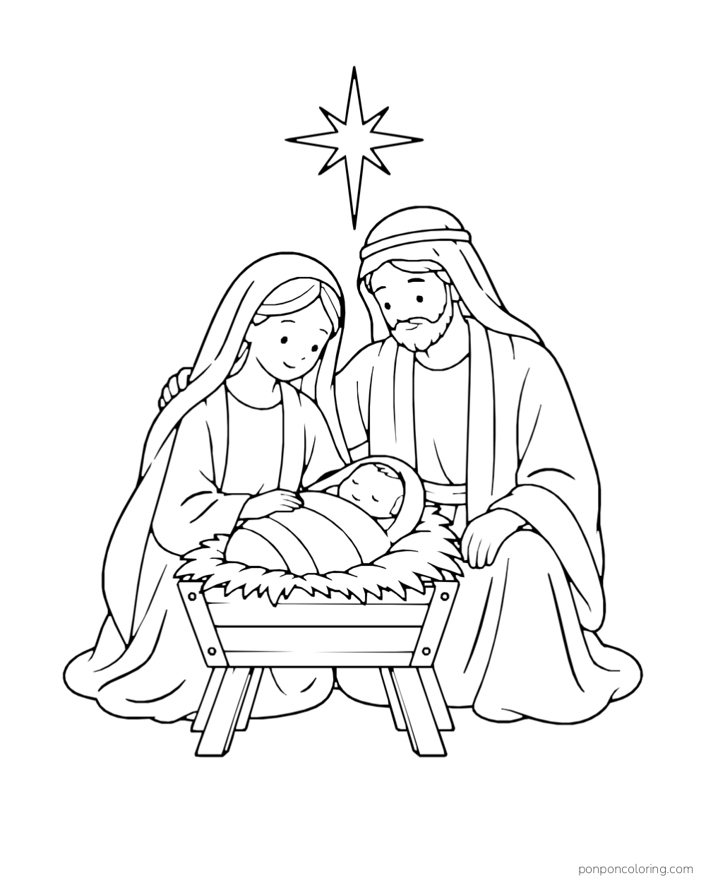 Mary and Joseph sit beside baby Jesus in a manger beneath a large star.