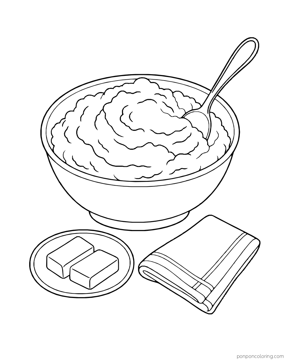 A bowl of mashed potatoes sits with a spoon, butter pats and folded napkin.