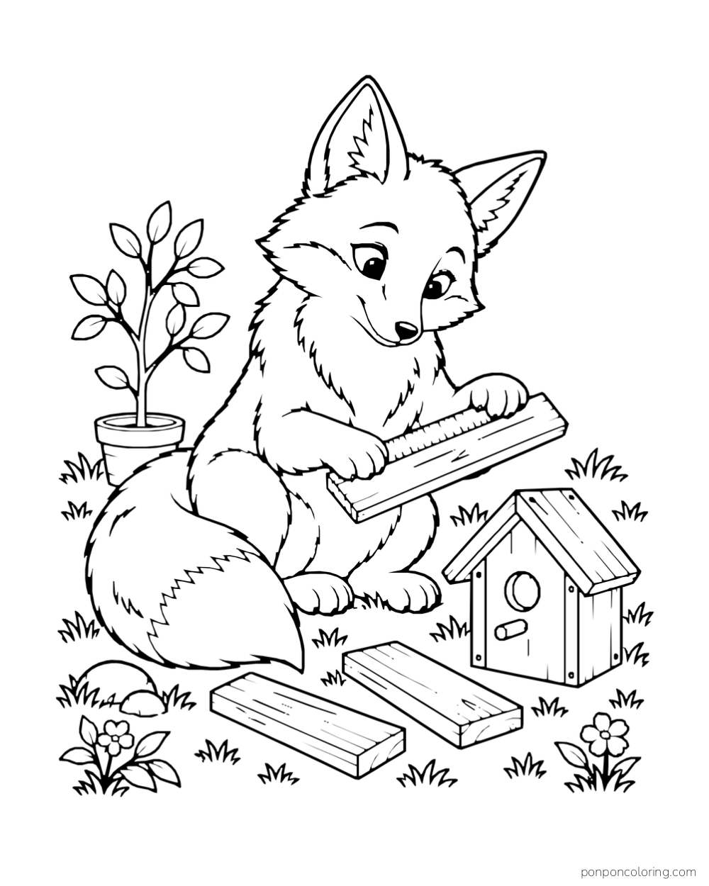 A fox measures a short board beside a small birdhouse and spare planks.