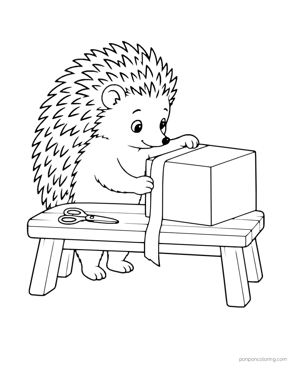 A hedgehog measures a long ribbon against a box on a bench beside scissors.