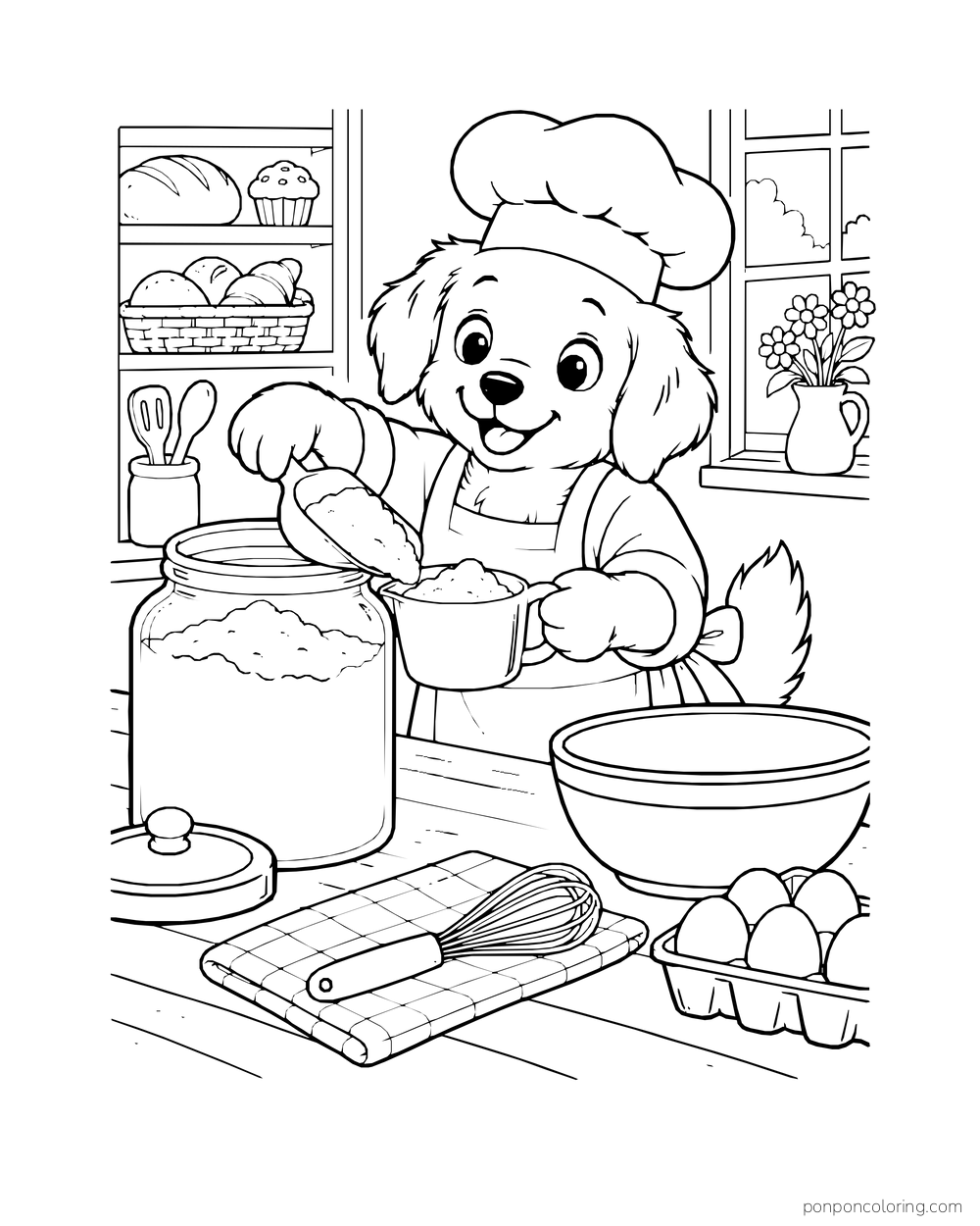 A puppy baker scoops flour from a large jar into a measuring cup beside a mixing bowl.